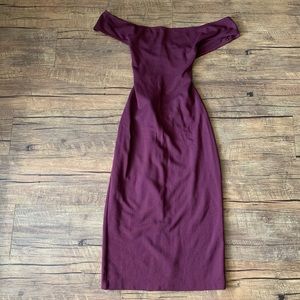 Deep burgundy bodycon midi off the shoulder dress